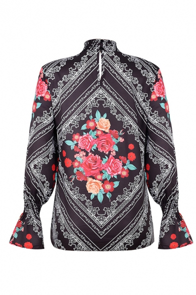Chic Womens Flower Tribal Print Keyhole Back Stand Collar Long Sleeve Loose Fit Blouse Top