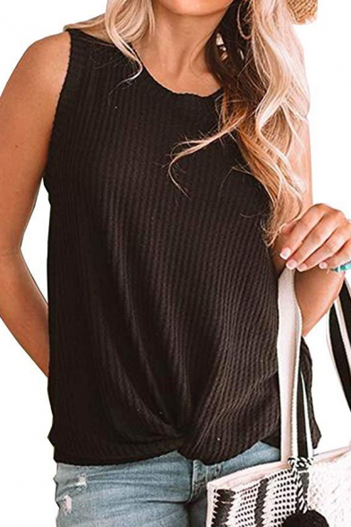 Chic Womens Solid Color Hollow Out Twist Front Crew Neck Sleeveless Regular Fit Knit Shirt