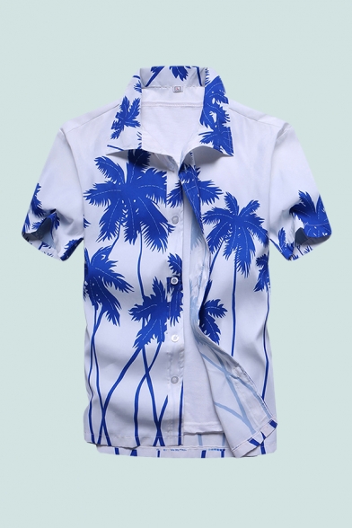 Classic Mens Shirt Coconut Tree Pattern Turn-down Collar Button-down Regular Fit Short Sleeve Shirt