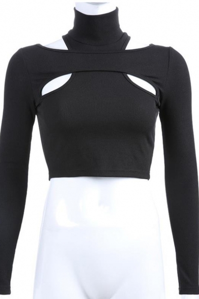 Edgy Looks Long Sleeve High Neck Cut Out Buckle Strap Detail Fitted Black Crop T Shirt for Women