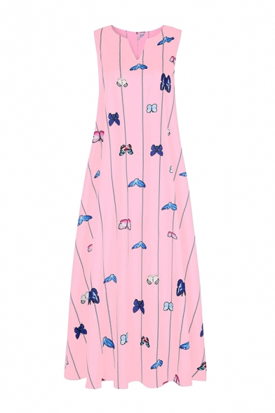 Elegant Womens Butterfly Lined Printed Pockets Side Notched Neck Sleeveless Relaxed Fit Long Swing Dress