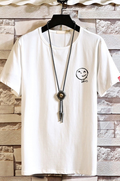 Fashion Tee Top Smiley Face Print Short-sleeved Round Neck Regular Fitted Tee Top for Men