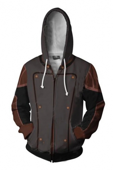 Fashionable Dark Gray Contrasted Button Printed Long Sleeve Zip Up Drawstring Relaxed Hoodie