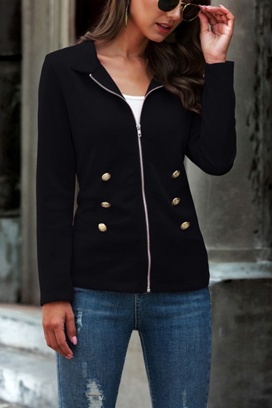 Fashionable Plain Long Sleeve Stand Collar Zipper Front Double Breasted Regular Fit Jacket