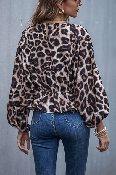 Fashionable Womens Leopard Print Peplum Pleated Round Neck Bishop Long Sleeve Loose Crop Tee Top