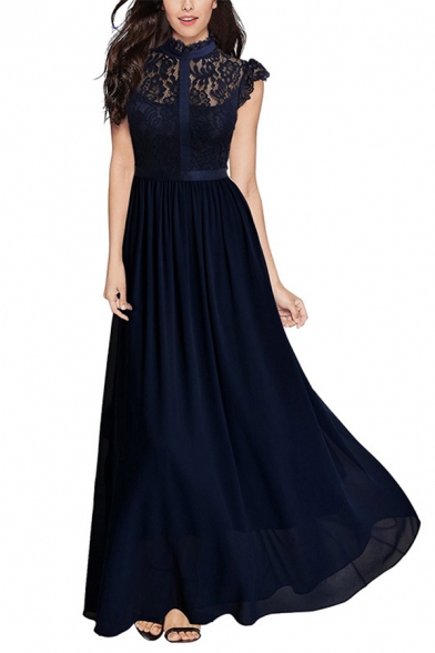 Gorgeous Ladies Solid Color Patched Lace Cut Out Back Pleated Crew Neck Short Sleeve Long Swing Gown