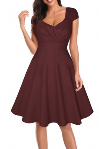 

Hot Fashion Basic Plain V Neck Short Sleeve Chic Buttons Down Midi Fit Flare Dress, Black;burgundy;dark blue, LC450429