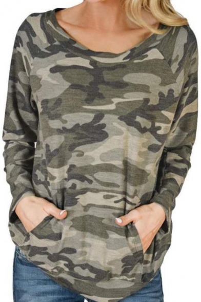 Ladies Classic Army Green Camouflage Print Long Sleeve Crew Neck Tunic T-Shirt Sweatshirt