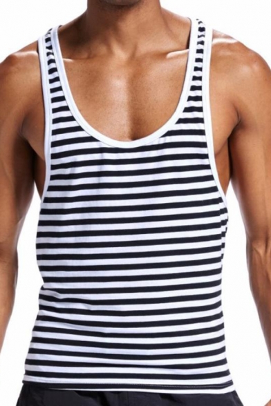 Leisure Fashionable Mens Sleeveless Round Neck Stripe Printed Curved Hem Fitted Tank in Black