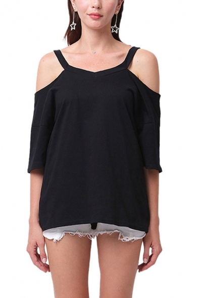 Leisure Plain Cold Shoulder 3/4 Sleeve Loose Fit T-Shirt for Women