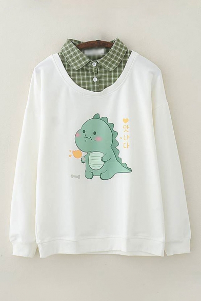 Lovely Girls Japanese Letter Dinosaur Graphic Long Sleeve Plaid Printed Polo Collar Fake Two Piece Relaxed Sweatshirt