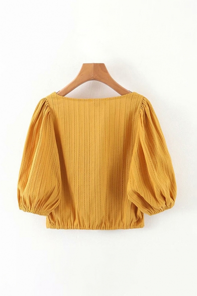 Lovely Girls Puff Sleeve Sweetheart Neck Button Up Knit Regular Fit Crop Blouse in Yellow