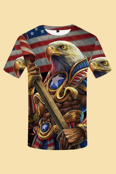 Mens 3D T-Shirt Stylish Eagle Armor American Flag Pattern Slim Fit Short Sleeve Round Neck T-Shirt