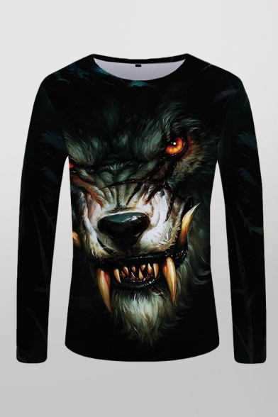 Mens 3D T-Shirt Stylish Tusk Wolf Pattern Crew Neck Long Sleeve Slim Fitted T-Shirt