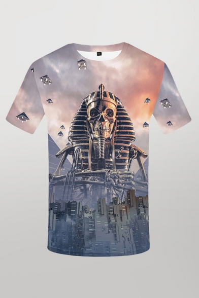 Mens 3D T-Shirt Unique Skull Cityscape Printed Slim Fit Short Sleeve Round Neck T-Shirt