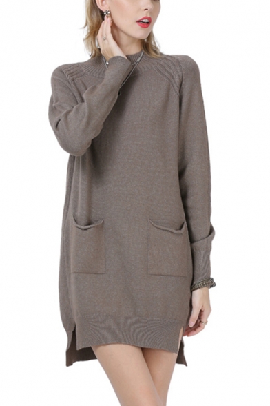 Novelty Womens Plain Split Side Two-Pocket Mock Neck Long Sleeve Loose  Tunic Pullover Sweater Knitwear