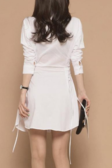 omen Trendy Solid Color White Long Sleeve Lace-Up Side Gathered Waist Mini White Shirt Dress