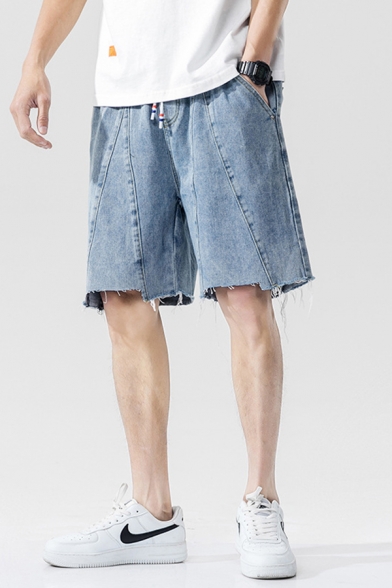 Popular Jean Shorts Light Wash Stitch Raw Edge Pocket Drawstring Mid Rise Regular Fitted Jean Shorts for Men