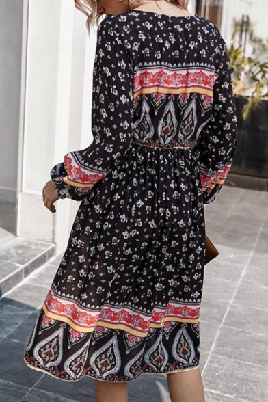 Pretty Ethnic Girls' Long Sleeve V-Neck Button Front All Over Floral Midi A-Line Dress in Navy