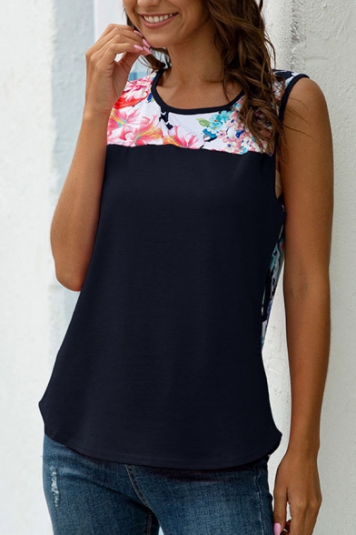 Pretty Floral Printed Sleeveless Round Neck Loose Tank Top for Women