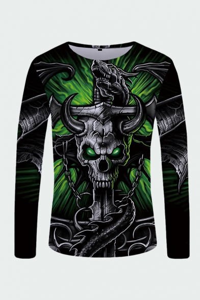 Retro Mens 3D Tee Top Dragon Skull Chain Pattern Slim Fitted Long Sleeve Crew Neck Tee Top