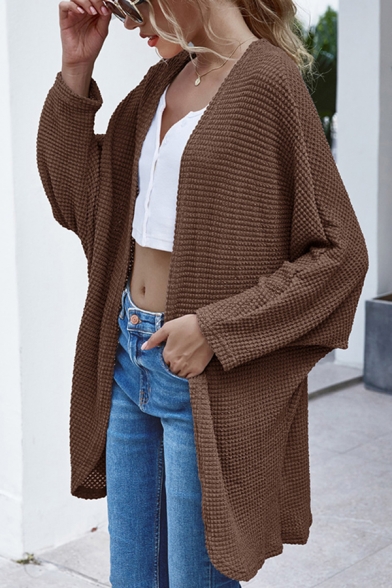 Simple Womens Solid Color Long Sleeve Open Front Waffle Knit Loose Cardigan