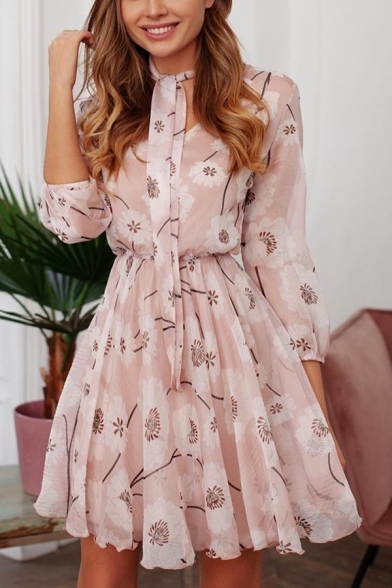 Stylish All over Floral Print Elastic Waist Lettuce Trim Cut Out Front Tie Neck 3/4 Sleeve Mini A-Line Dress for Women