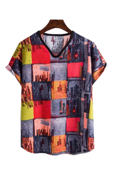 Stylish Mens Tee Top Geometric Colorblock Pattern Short Sleeve V-Neck Fitted Tee Top