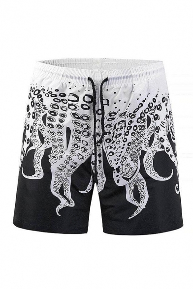 Unique Octopus Print Color Block Drawstring Waist Sports Shorts