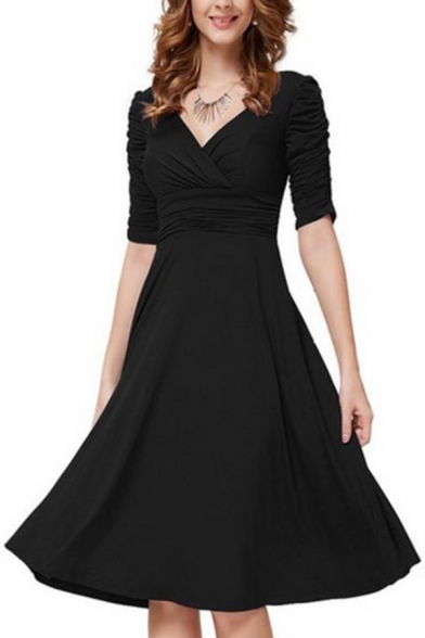 Vintage V Neck Half Sleeve Buttons Front Pleated Fit & Flare Midi Dress