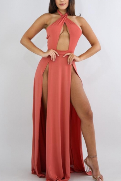 Womens Sexy Simple Plain Cutout Halter Neck Open Back Split Side Maxi Transparent Cami Dress with Panty