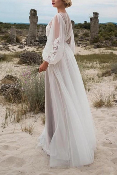 Amazing Girls Applique See-through Mesh Blouson Sleeve Round Neck Maxi Flowy Dress in White