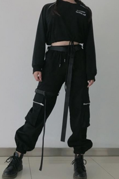 Black Casual Drawstring Waist Utility Cuffed Ankle Length Oversize Cargo Pants for Girls