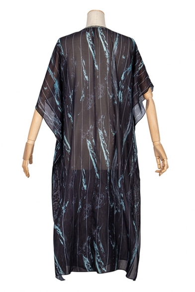 Black Pop Striped Feather Print Split Side V Neck Batwing Sleeve Sunscreen Oversized Midi Kaftan Dress for Women