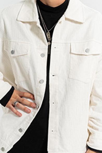 Chic Mens Casual Jacket Plain Corduroy Chest Pockets Drawstring Loose Fit Long Sleeve Casual Jacket