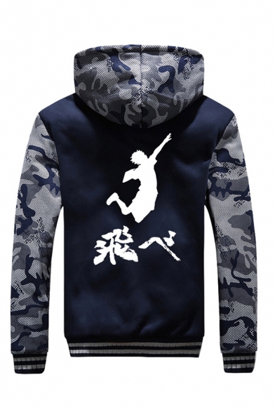 Cool Mens Chinese Letter Cartoon Graphic Contrasted Long Sleeve Zipper Front Sherpa Liner Relaxed Hoodie