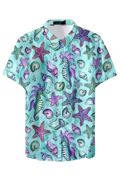 Cool Mens Shirt Sea Star Seahorse Conch Floral Pattern Button-down Short Sleeve Point Collar Regular Fit Shirt