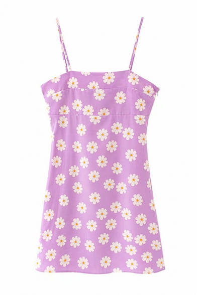Cute Girls All Over Floral Printed Spaghetti Straps Mini A-line Slip Dress in Purple