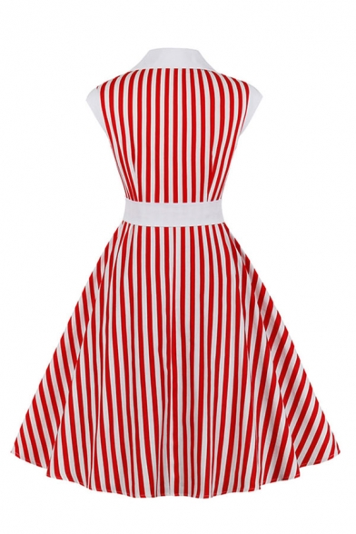 Dainty Womens Red Striped Checkered Patchwork Button Down Buckle Belt Point Neck Sleeveless Midi Swing Dress