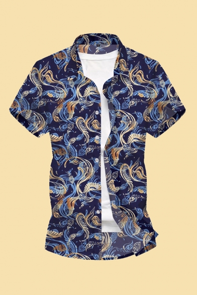 Fancy Shirt All over Phoenix Printed Button down Short Sleeve Point Collar Regular Fitted Shirt for Men