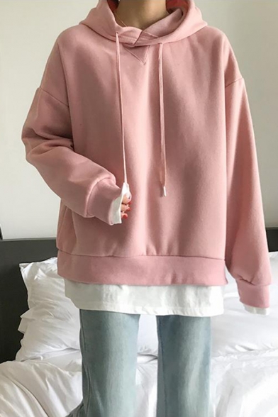 Fashionable Womens Long Sleeve Drawstring Contrasted Loose Fit Hoodie