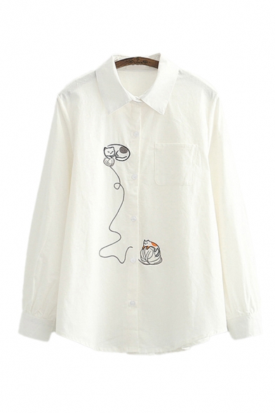 Formal Womens Cat Embroidery Long Sleeve Point Collar Button Up Loose Fit Shirt Top
