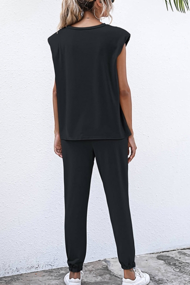 Formal Womens Solid Color Short Sleeve Crew Neck Loose T Shirt & Ankle Slim Fit Pants Set