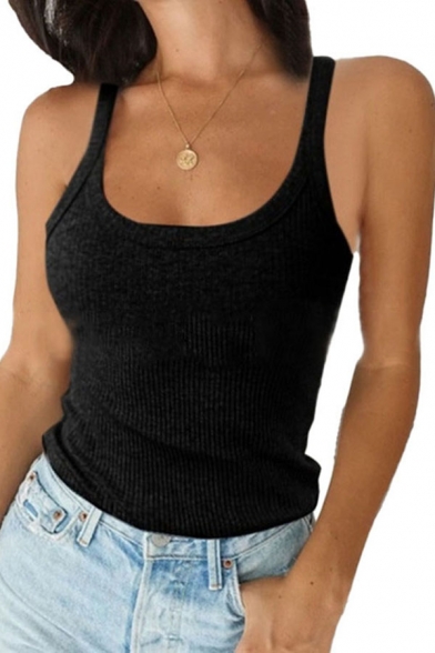 Hot Girls Knit Sleeveless Scoop Neck Slim Fitted Solid Color Tank Top