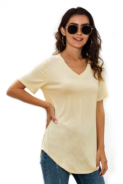 Leisure Solid Color Short Sleeve V-neck Curved Hem Loose Fit T Shirt for Women
