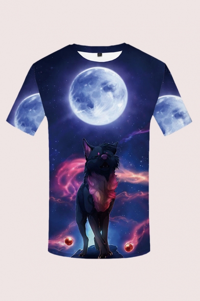 Mens 3D T-Shirt Creative Cartoon Wolf Galaxy Moon Printed Slim Fitted Round Neck Short Sleeve T-Shirt