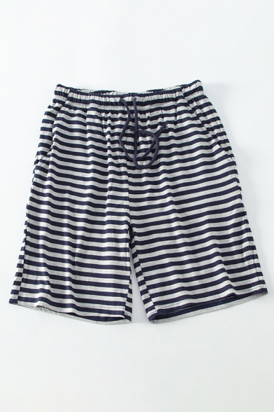 Mens Hot Fashion Classic Stripe Printed Drawstring-Waist Black Casual Shorts