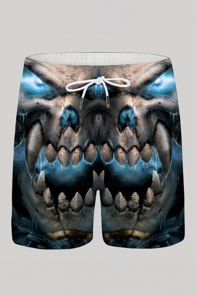 Mens Trendy 3D Relax Shorts Skull Pattern Drawstring Mid Waist over the Knee Straight Fit Relax Shorts with Pocket