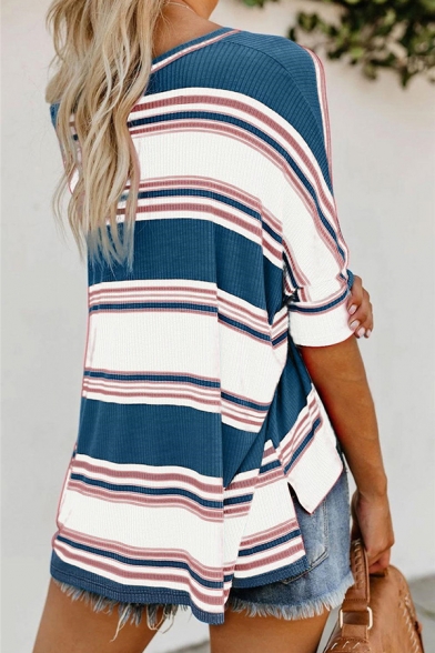 New Stylish Striped Print Half Sleeve One Cold Shoulder Slit Side High Low Loose Fit Asymmetric Tee for Womens