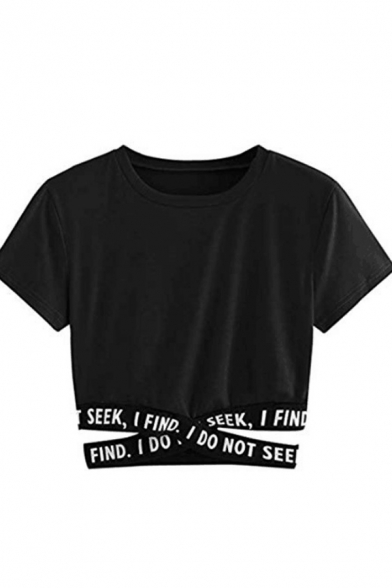 Sexy Girls Letter I Do Not Seek I Find Print Tape Panel Hollow out Short Sleeve Crew Neck Slim Fit Cropped Tee Top